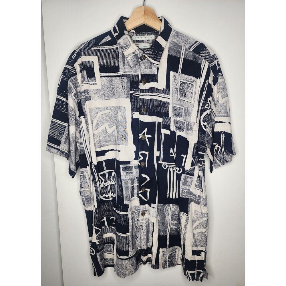 VTG Robert Stock Shirt Mens Large‎ Abstract All Over AOP Button Up Short Sleeve